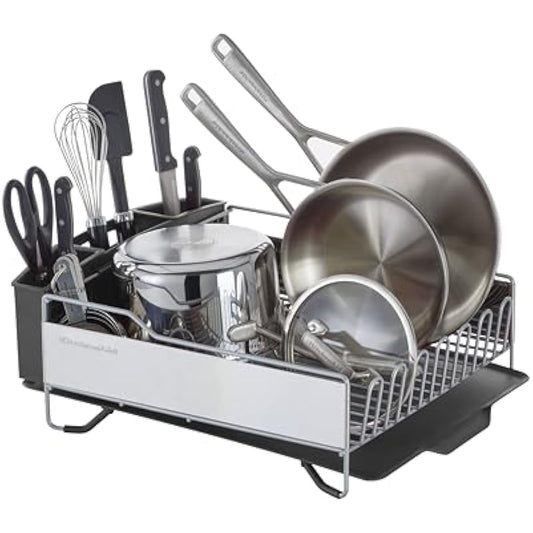 KitchenAid Large Capacity Full Size Rust Resistant Dish Rack with Angled Drain Board and Removable Flatware Caddy, Light Grey