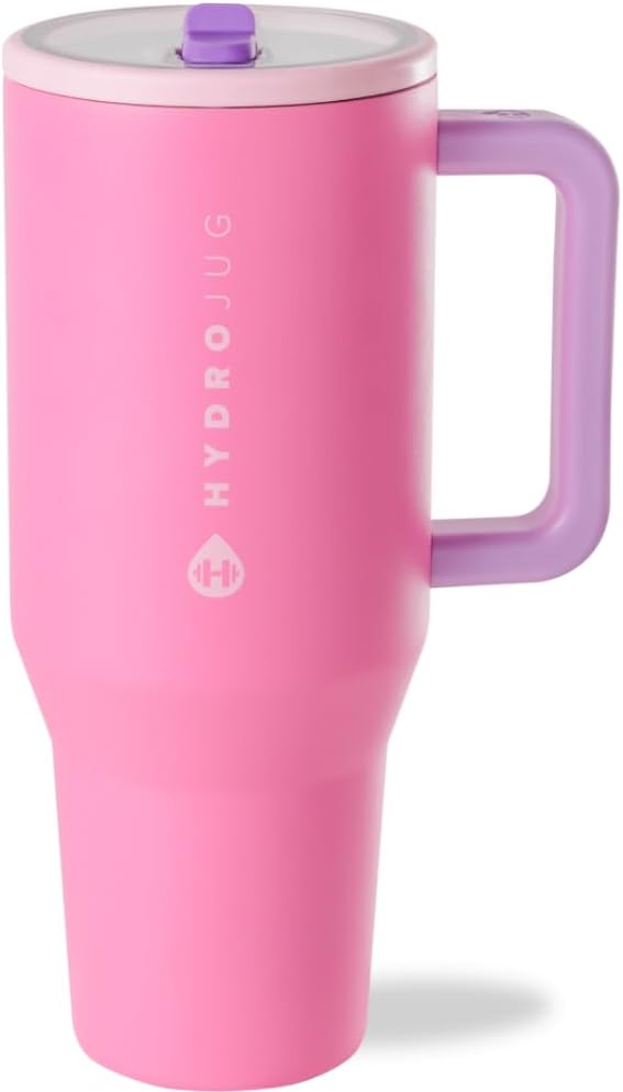 HydroJug Traveler - 32 oz Water Bottle with Handle & Flip Straw - Fits in Cup Holder, Leak Resistant Tumbler-Reusable Insulated Stainless Steel & Rubber Base - Gifts for Women & Men, Pink Sand