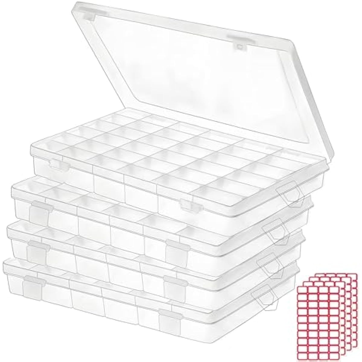 4pack 36 Grids Plastic Clear Organizer Box Bead Storage Containers with Adjustable Dividers for Craft Jewelry Fishing Tackles Parts Storage with 4 Sheets Label Stickers