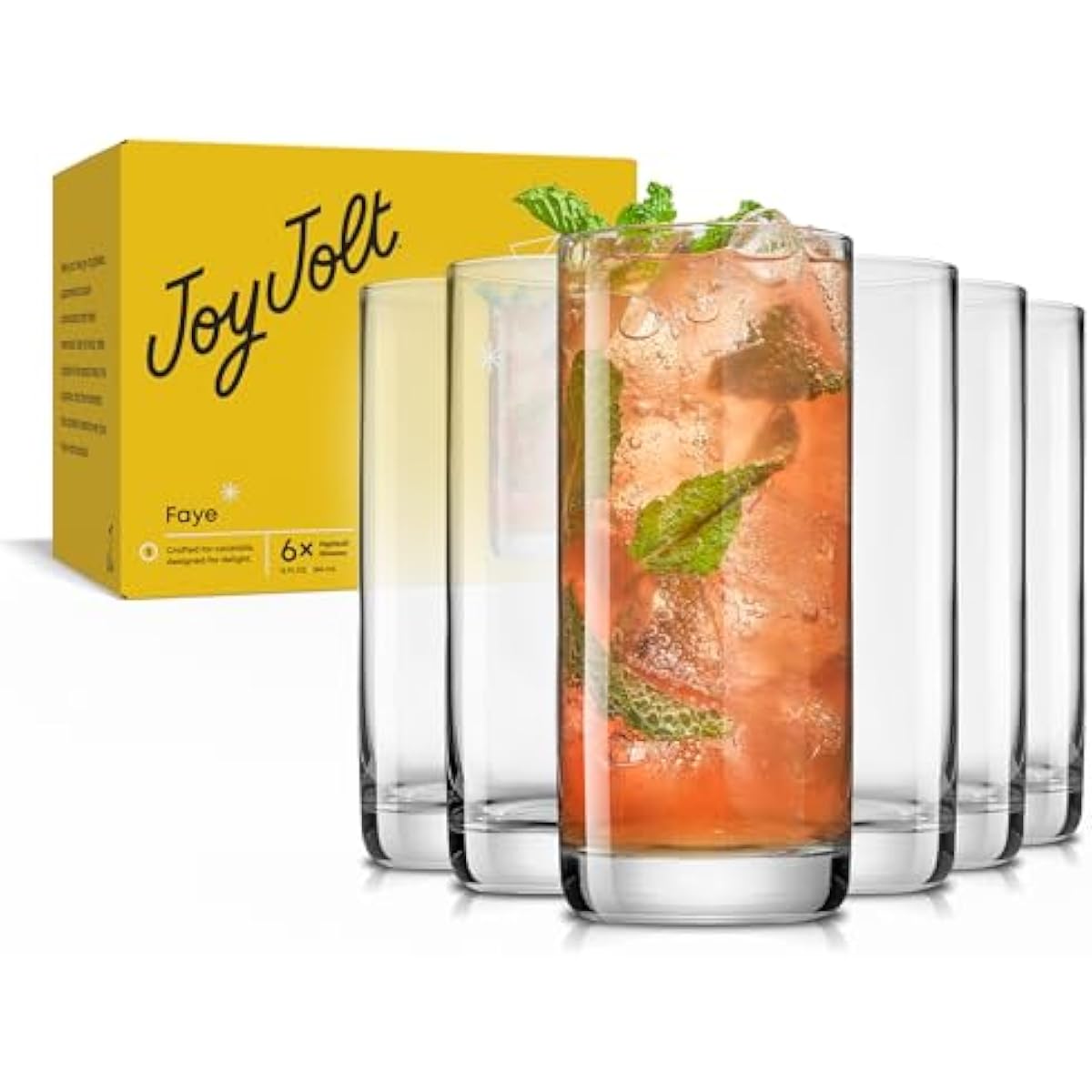 JoyJolt Faye 13oz Highball Glasses, 6pc Tall Glass Sets. Lead-Free Crystal Drinking Glasses. Water Glasses, Mojito Glass Cups, Tom Collins Bar Glassware, and Mixed Drink Cocktail Glass Set