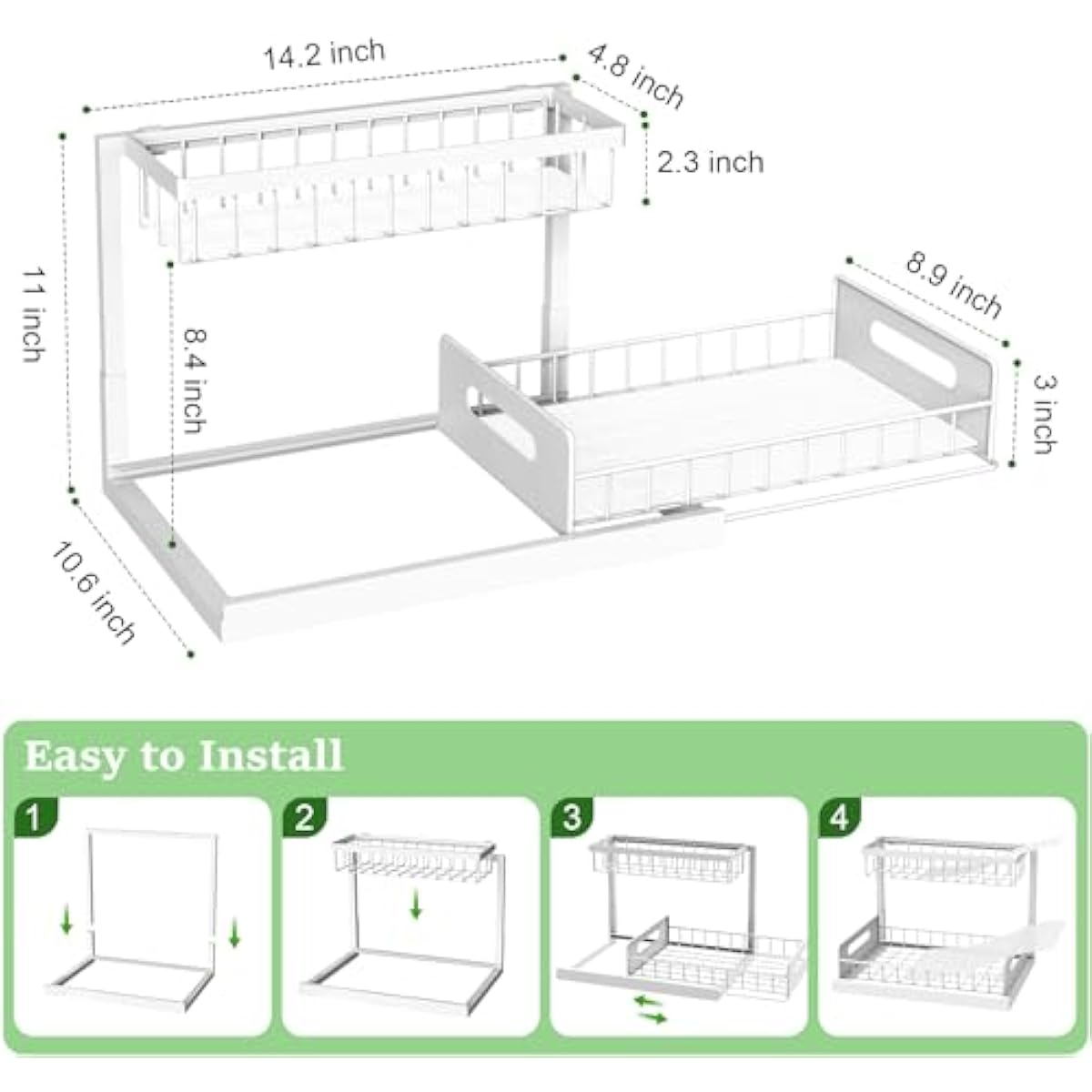 REALINN Under Sink Organizer, Pull Out Cabinet Organizer, 2 Tier Metal Slide Out Shelf with L Shaped Design, Under Cabinet Storage for Kitchen, Bathroom, Laundry, Deep Cabinet Shelf Storage, White