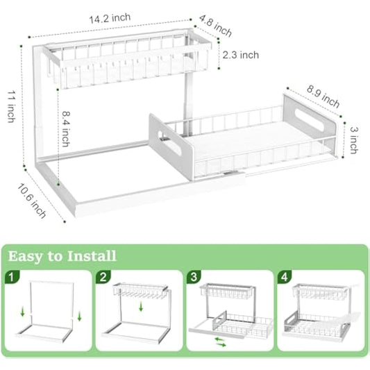 REALINN Under Sink Organizer, Pull Out Cabinet Organizer, 2 Tier Metal Slide Out Shelf with L Shaped Design, Under Cabinet Storage for Kitchen, Bathroom, Laundry, Deep Cabinet Shelf Storage, White