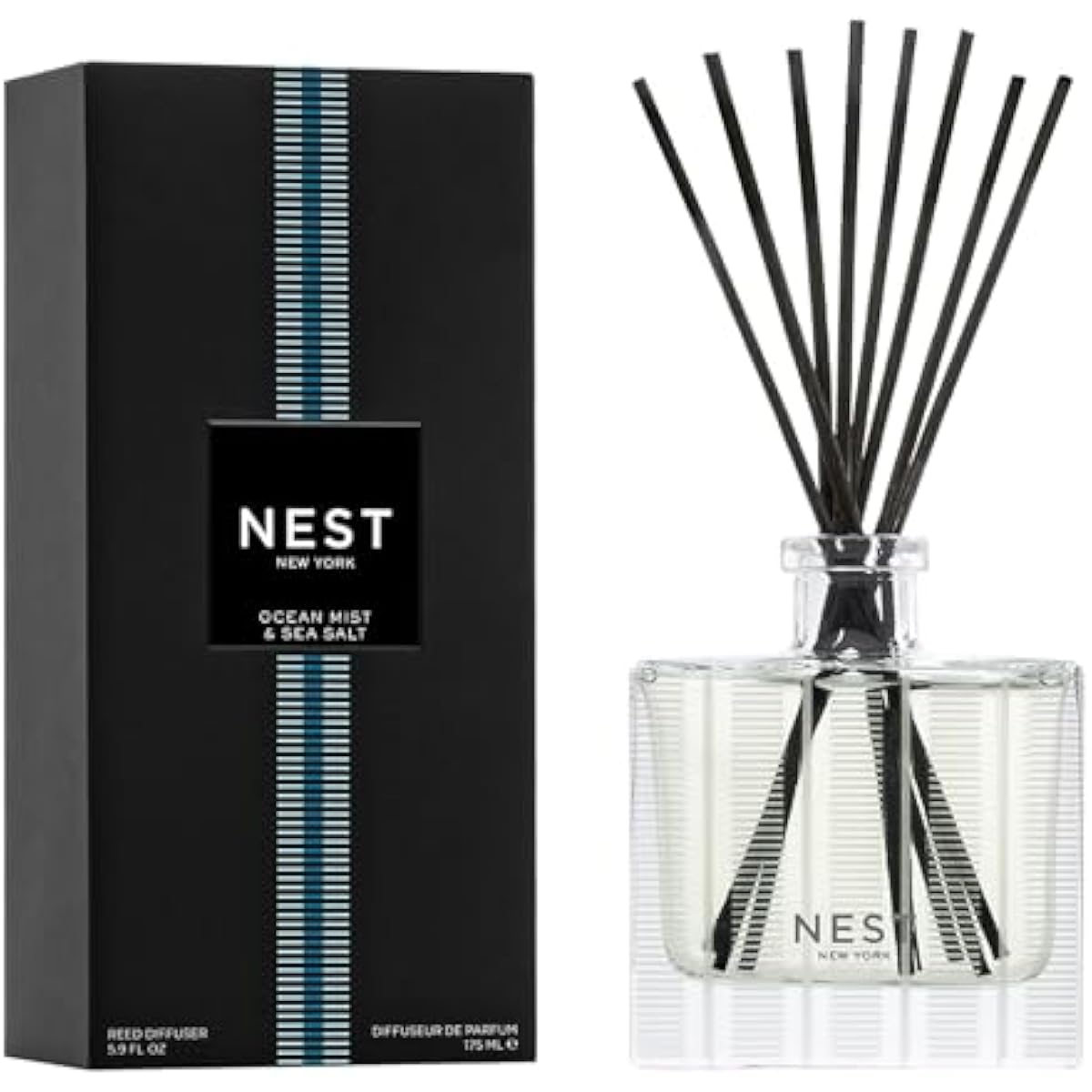 NEST New York Reed Diffuser, Ocean Mist & Sea Salt - 5.9 fl oz - Fragrance for Up to 90 Days - Reusable, Refillable Glass Holder - Includes 8 All-Natural Reed Sticks - Flame Free