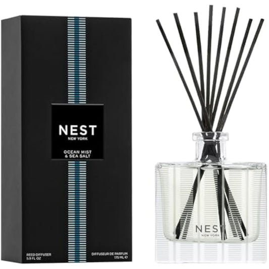 NEST New York Reed Diffuser, Ocean Mist & Sea Salt - 5.9 fl oz - Fragrance for Up to 90 Days - Reusable, Refillable Glass Holder - Includes 8 All-Natural Reed Sticks - Flame Free