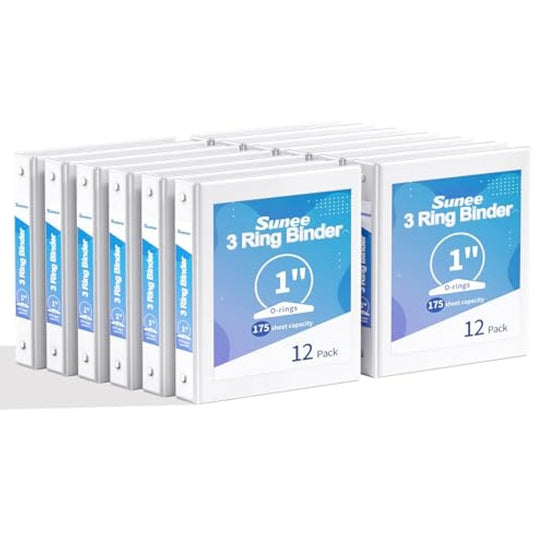 SUNEE 3 Ring Binders 1 Inch 12 Pack, Clear View Binders Bulk Three Ring PVC-Free (Fit 8.5x11 Inches) for School or Office Supplies, White