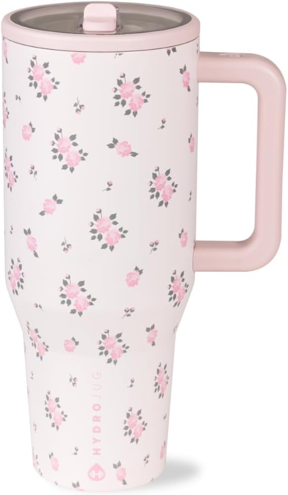 HydroJug Traveler - 32 oz Water Bottle with Handle & Flip Straw - Fits in Cup Holder, Leak Resistant Tumbler-Reusable Insulated Stainless Steel & Rubber Base - Gifts for Women & Men, Pink Sand
