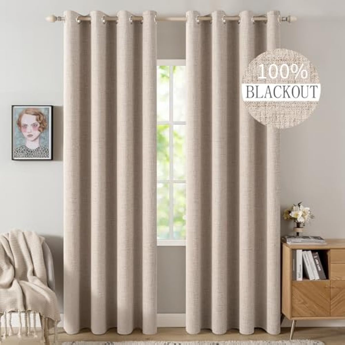 MIULEE 100% Blackout Linen Textured Curtains for Bedroom Solid Thermal Insulated Natural Beige Grommet Room Darkening Curtains & Drapes Luxury Decor for Living Room Nursery 52 x 84 Inch (2 Panels)