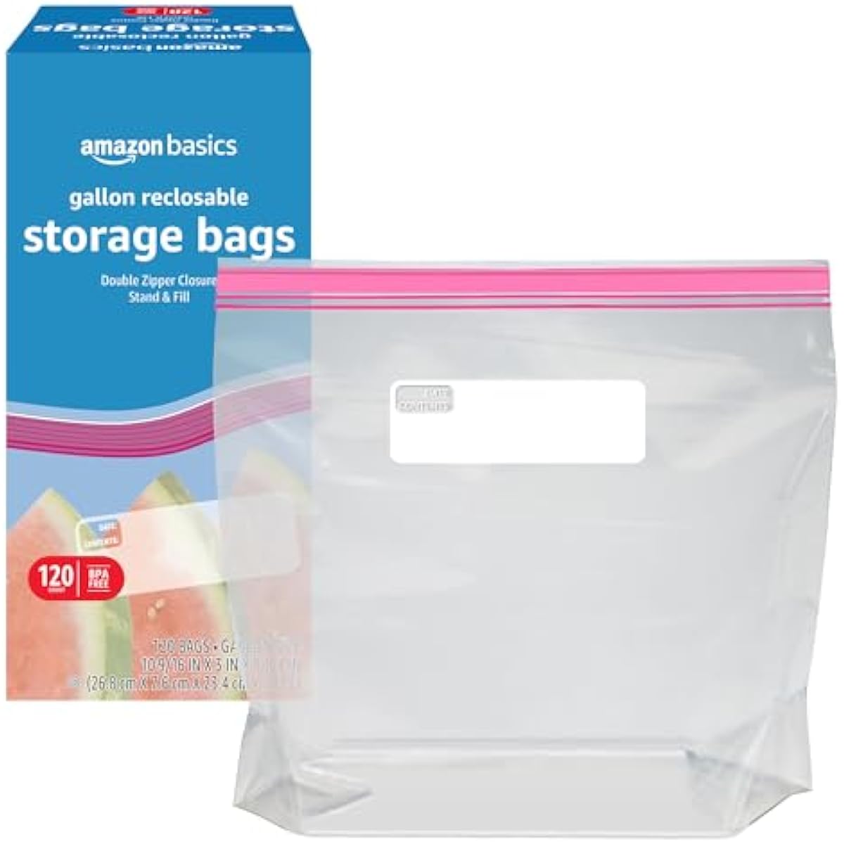 Amazon Basics Reclosable Gallon Food Storage Bags with Double Zipper Seal, Stand and Fill Base, BPA Free, 120 Count