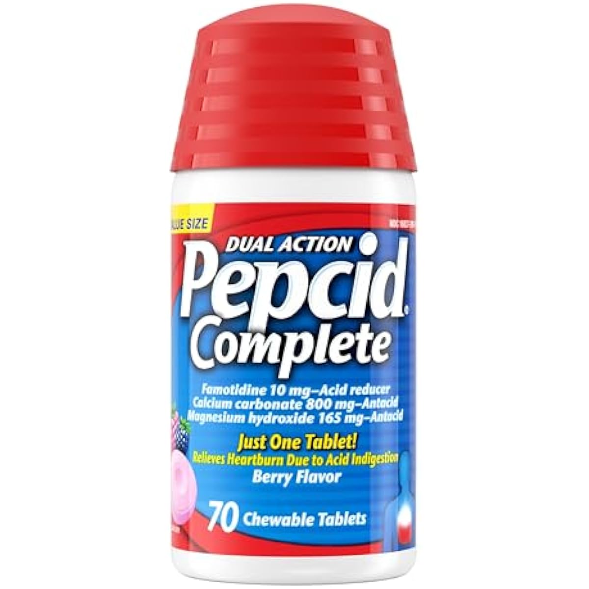 Pepcid Complete Acid Reducer + Antacid Chewables, 10mg Famotidine, 800mg Calcium Carbonate & 165mg Magnesium Hydroxide per Heartburn Medicine Tablet, Antacid Chews, Berry Flavored, 70 ct