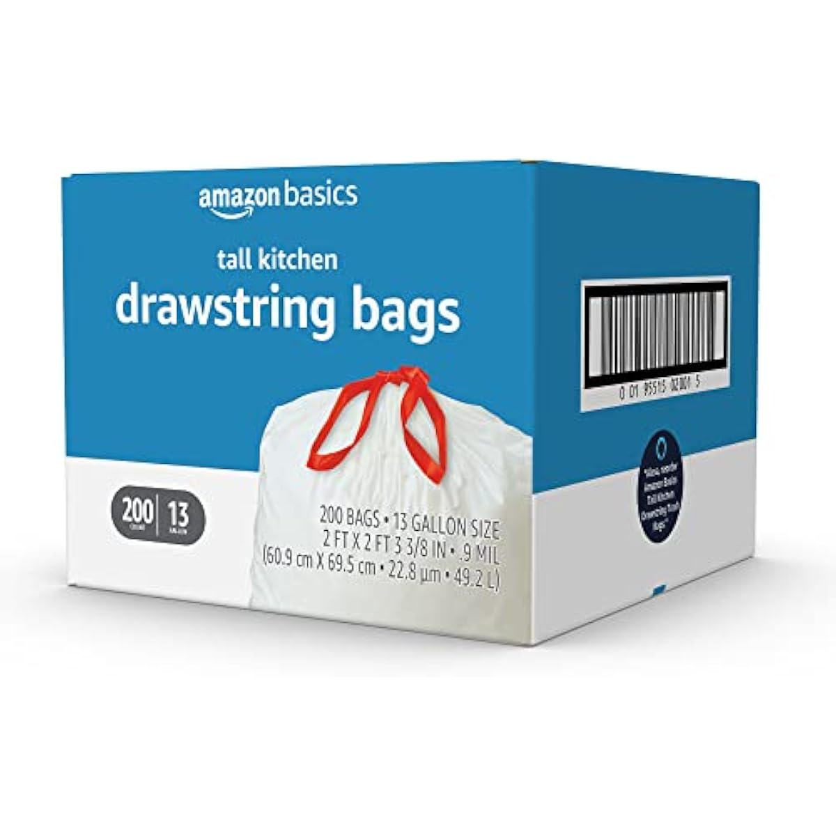 Amazon Basics Tall Kitchen Drawstring Trash Bags, Sturdy, 13 Gallon, Unscented, 200 Count