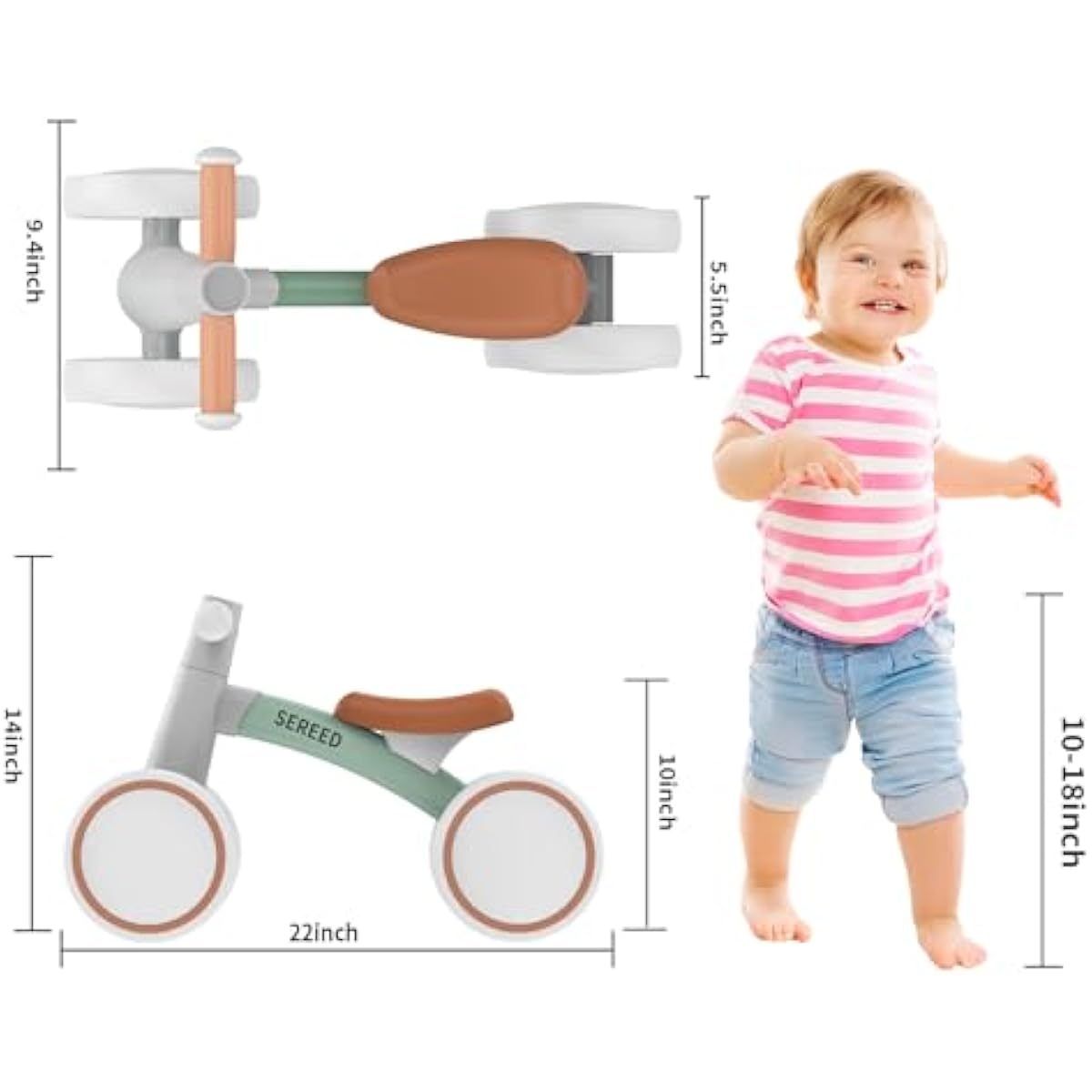 SEREED Baby Balance Bike for 1 Year Old Boys Girls 12-24 Month Toddler Balance Bike, 4 Wheels Toddler First Bike, First Birthday Gifts