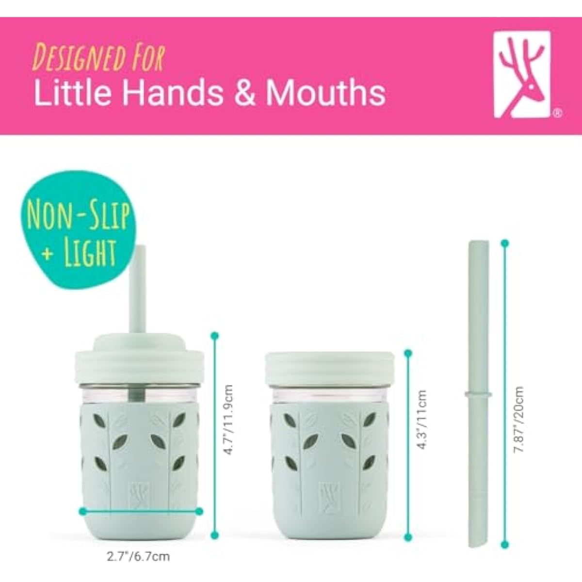 Elk and Friends Kids + Toddler Glass Cups | The Original 8oz Glass Mason Jar with Sleeves + Lids | Silicone Straws + Stopper | Smoothie Cup | Food Storage | Spill Resistant | Dishwasher Safe | 4 Pack