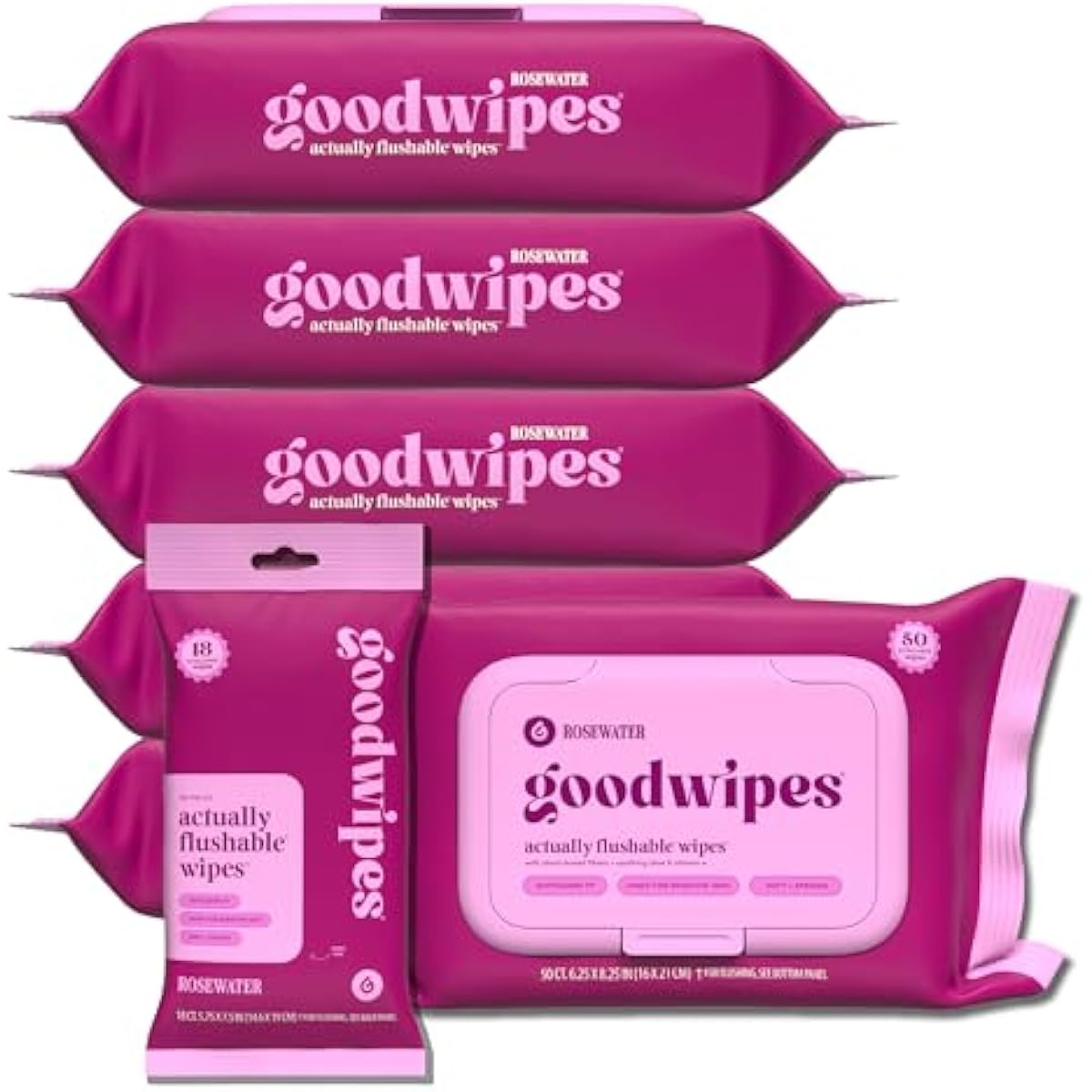 goodwipes Flushable Butt Wipes - Vitamin E & Aloe - Sewer & Septic Safe - Extra Large Adult Wet Wipes For Women & Men - Bathroom Essentials - Rosewater, 318 Count (6 Packs + 1 Travel)