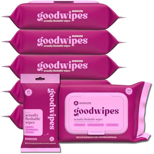 goodwipes Flushable Butt Wipes - Vitamin E & Aloe - Sewer & Septic Safe - Extra Large Adult Wet Wipes For Women & Men - Bathroom Essentials - Rosewater, 318 Count (6 Packs + 1 Travel)