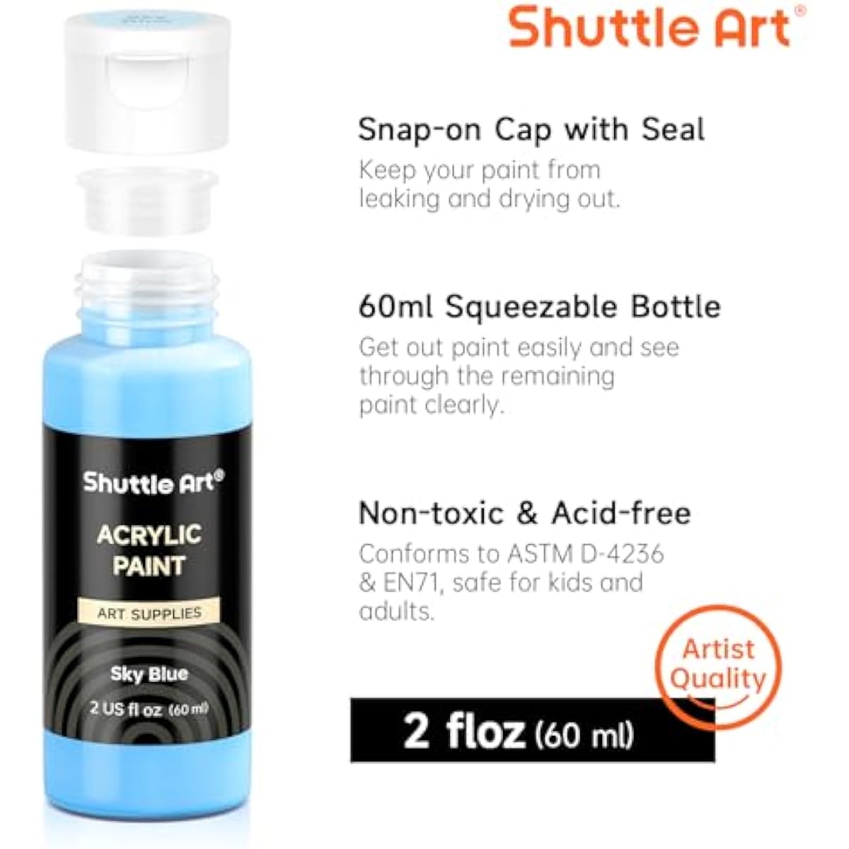 Shuttle Art Acrylic Paint, 50 Colors Acrylic Paint Set, 2oz/60ml Bottles, Rich Pigments, Water Proof, Premium for Artists, Beginners and Kids on Canvas Rocks Wood Ceramic Fabric