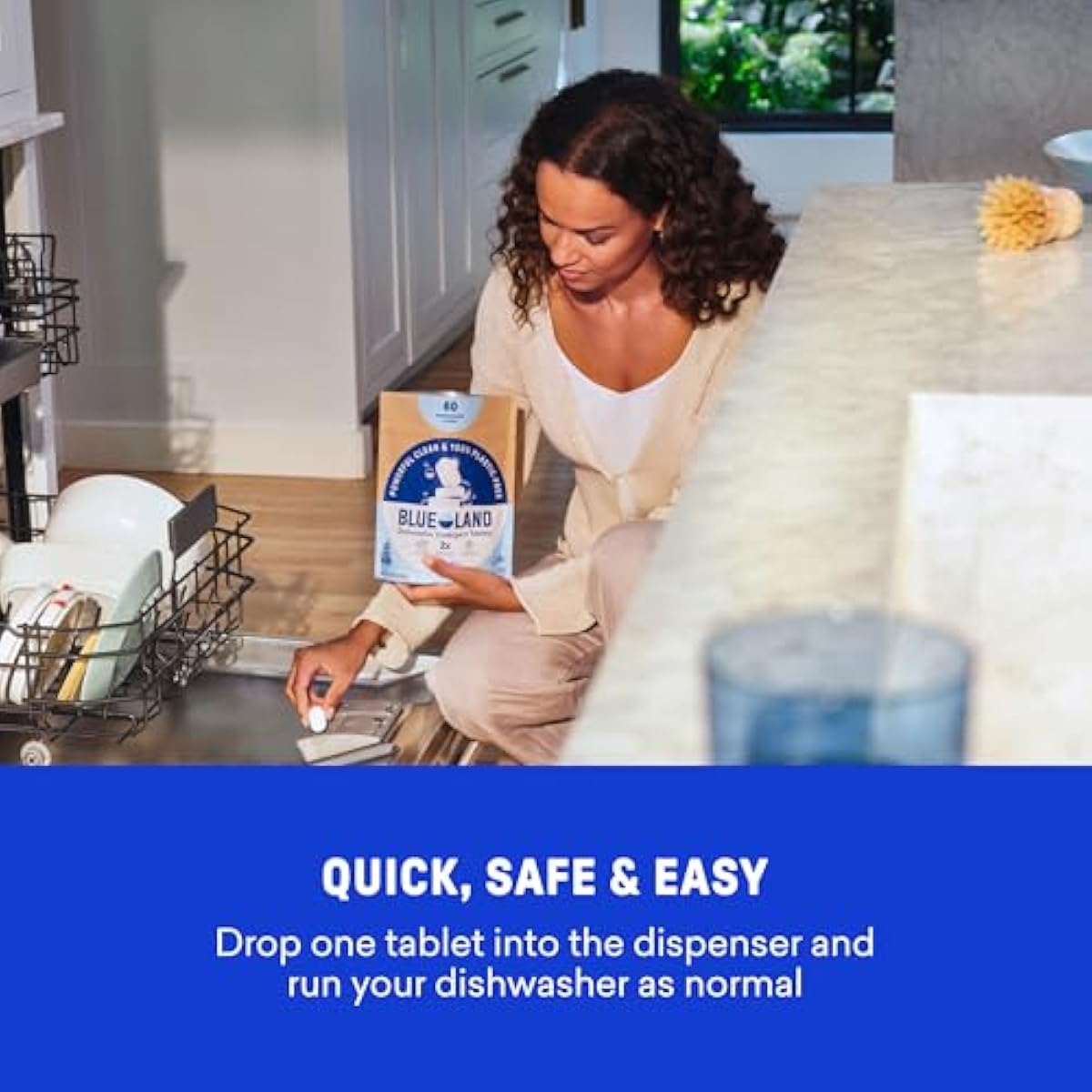 BLUELAND 100% Plastic-Free Dishwasher Detergent Tablets, 60 Count, Free & Clear, Eco-Friendly Dishwashing Pods, Natural, USDA Certified biobased