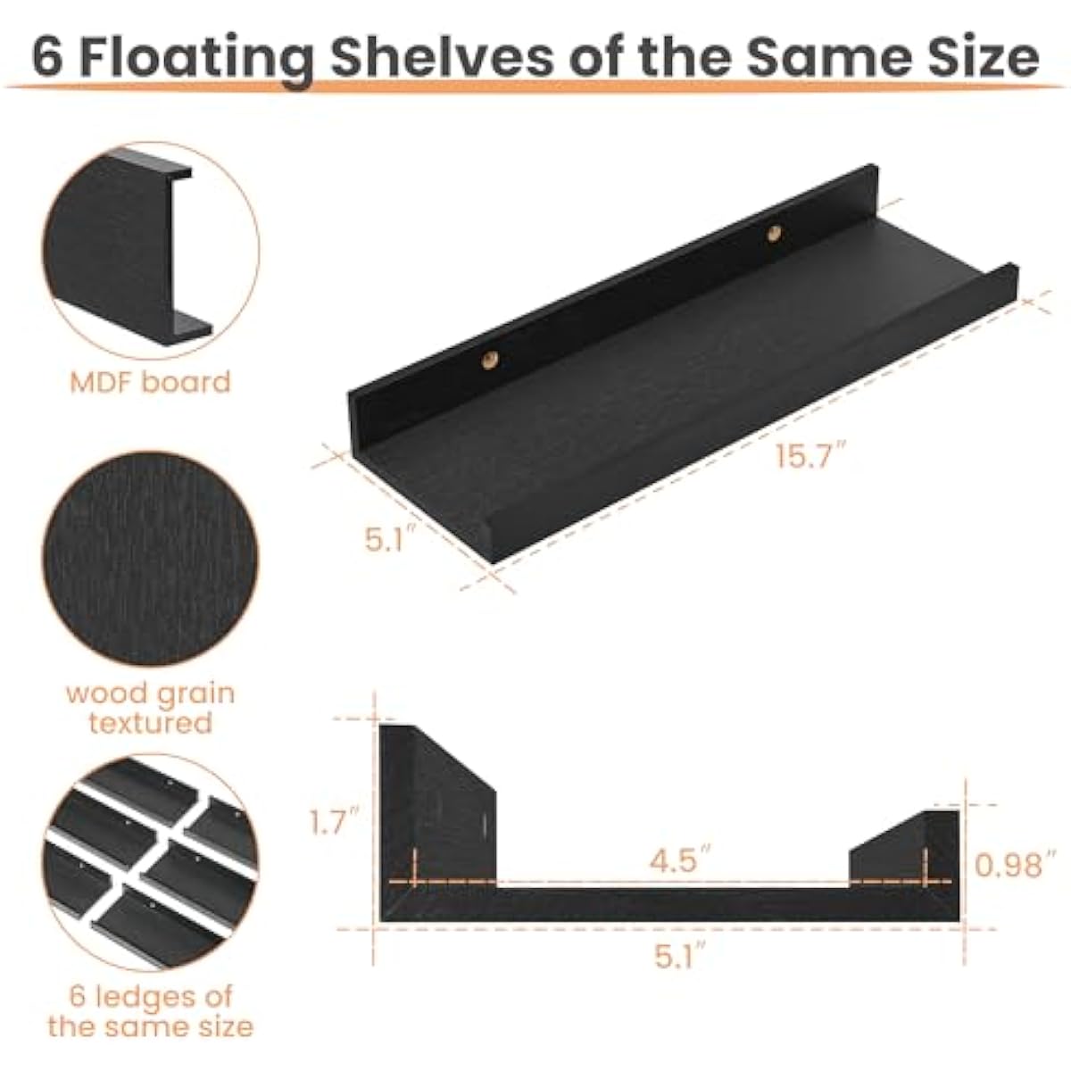 upsimples Floating Shelves for Wall, Wall Shelves for Decor Storage Set of 6, Wall Mounted Wood Shelf for Bedroom, Living Room, Bathroom, Kitchen, Picture Ledge Shelf, Black