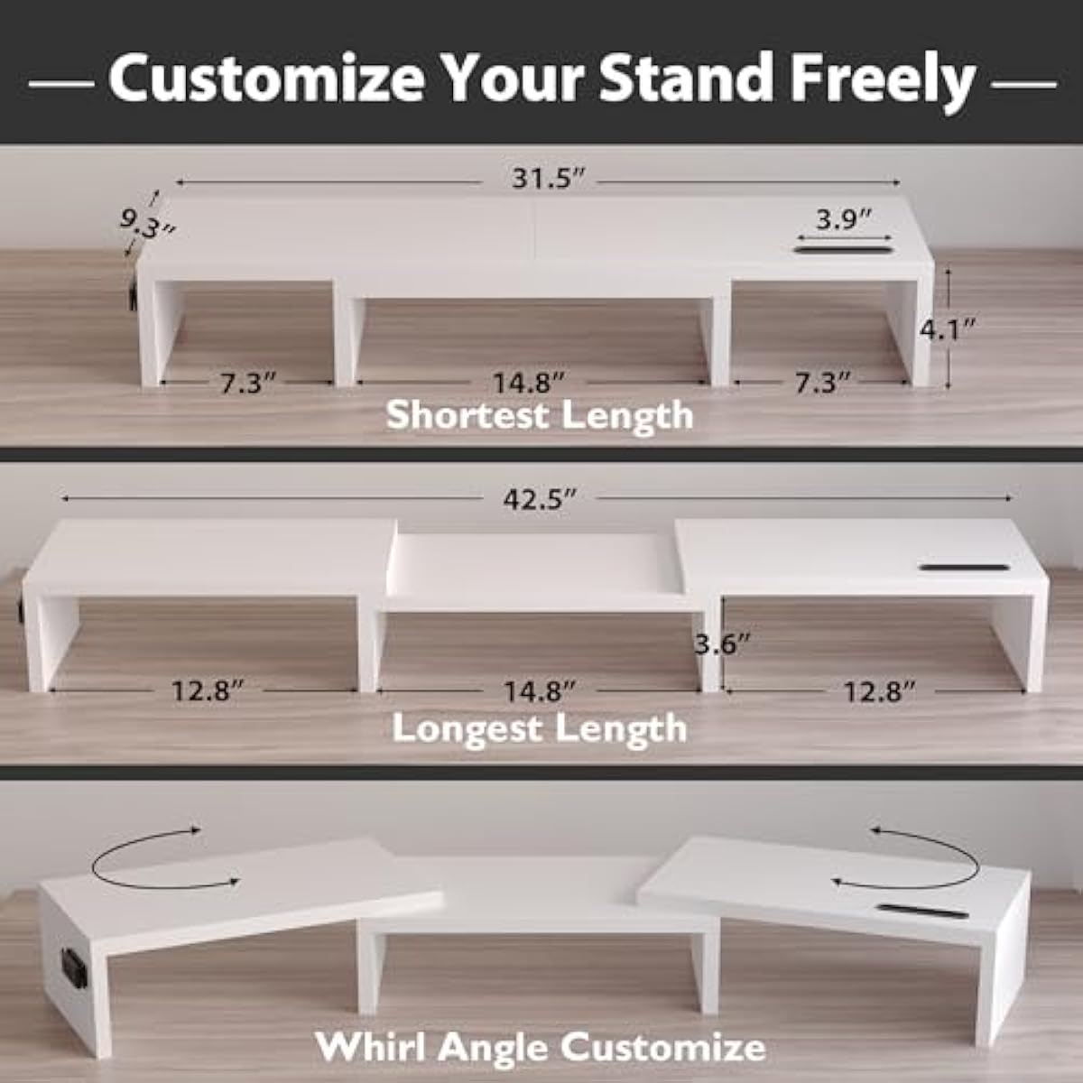 BONTEC Dual Monitor Stand Riser with Smartphone Holder, Adjustable Length & Swivel Angle, Ergonomic Wooden Desktop Organizer for PC Monitor, Laptop, Printer, Large Storage, White