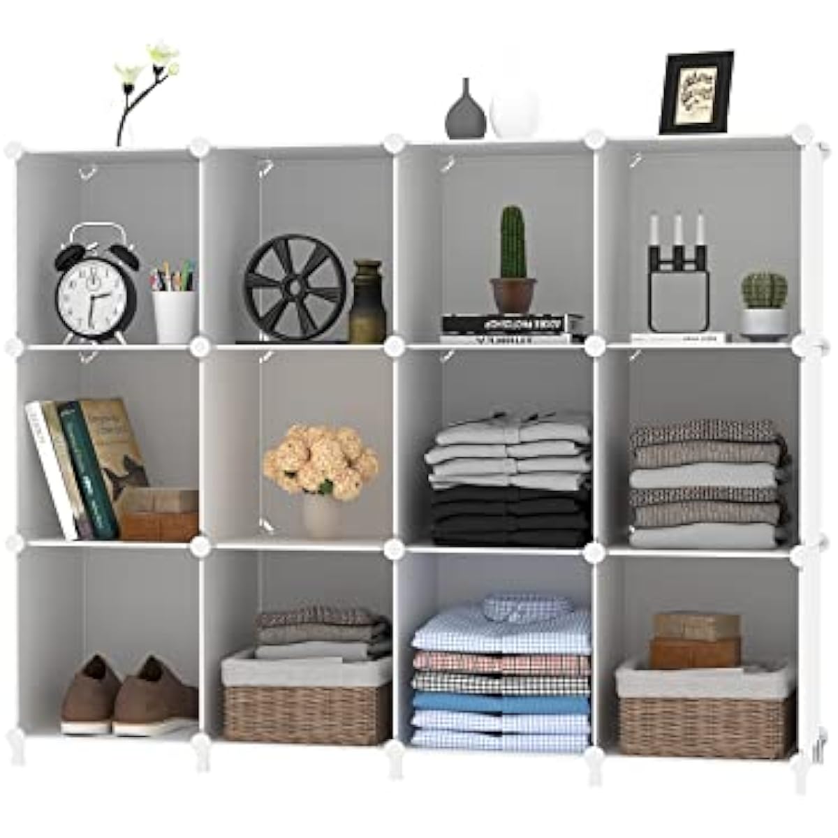 AWTATOS Cube Storage Organizer Storage 12 Cube Bookshelf DIY Plastic Closet Clothes Storage Shelves with Wooden Mallet, Stackable Storage Solution for Home, Bedroom, White