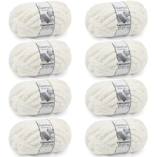 Chunky Yarn for Hand Knitting - #10 Chunky Chenille Yarn, Jumbo Big Thick Chunky Yarns for Crocheting, Super Bulky Chunky Knit Blanket Yarns, 8 Skein (25 yds 8 oz Each Skein), Cream