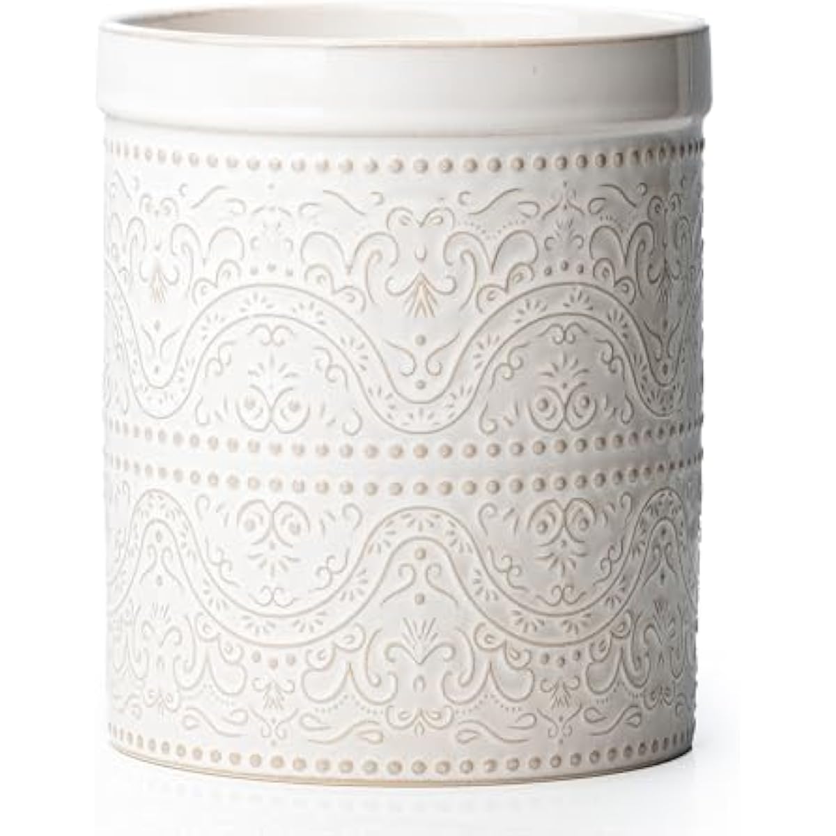Kitchen Utensil Holder, 7 Inches Large Ceramic Utensil Holder for Countertop, Lace Emboss Cooking Utensil Crocks for Kitchen, Home Decor, Off-White