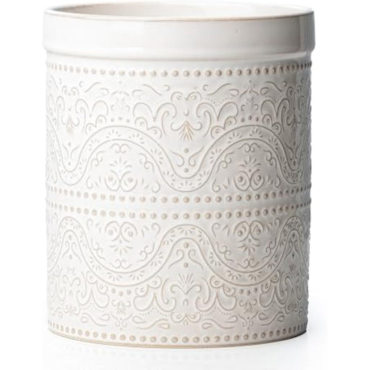 Kitchen Utensil Holder, 7 Inches Large Ceramic Utensil Holder for Countertop, Lace Emboss Cooking Utensil Crocks for Kitchen, Home Decor, Off-White