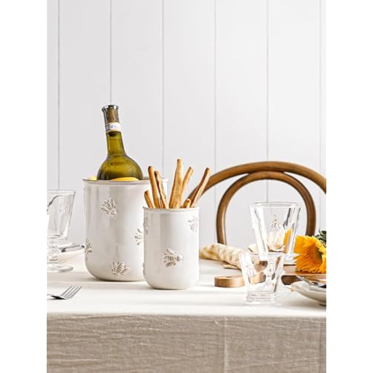 LE TAUCI Utensil Holder for Kitchen Counter - 6.9"+5.3" Ceramic Kitchen Utensil Holder Set of 2, Large Cooking Utensil Crock & Organizer for Spatula, Spoon - Embossed Kitchen Decor, White,Bee