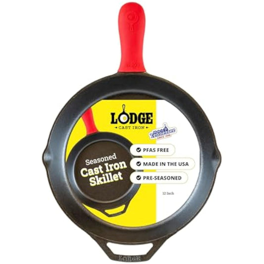 Lodge Seasoned Cast Iron Skillet - Quality Frying Pan for the Stove, Oven, Grill & Campfire - Includes Silicone Hot Handle Holder - Non-Toxic, Nonstick & Long-Lasting - 12 Inches