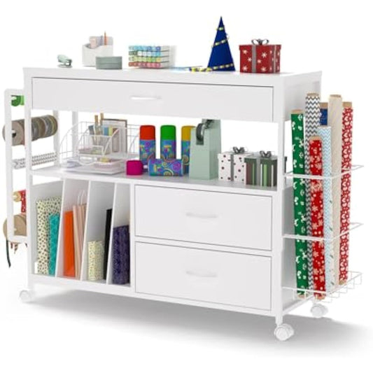 Wrapping Paper Storage & Organizer, Craft Cart with Ribbon & Gift Bag Storage, Wrapping Paper Organizer Holder(3 Wooden Drawers-White)