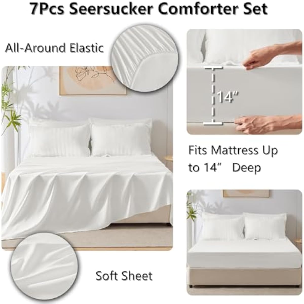 CozyLux Queen Comforter Set White Seersucker 7 Pieces Bed in a Bag Queen Comforter Set with Sheets, Luxury Soft Bedding Set with Down Alternative Comforter, Sheets, Pillowcases & Shams for All Seasons