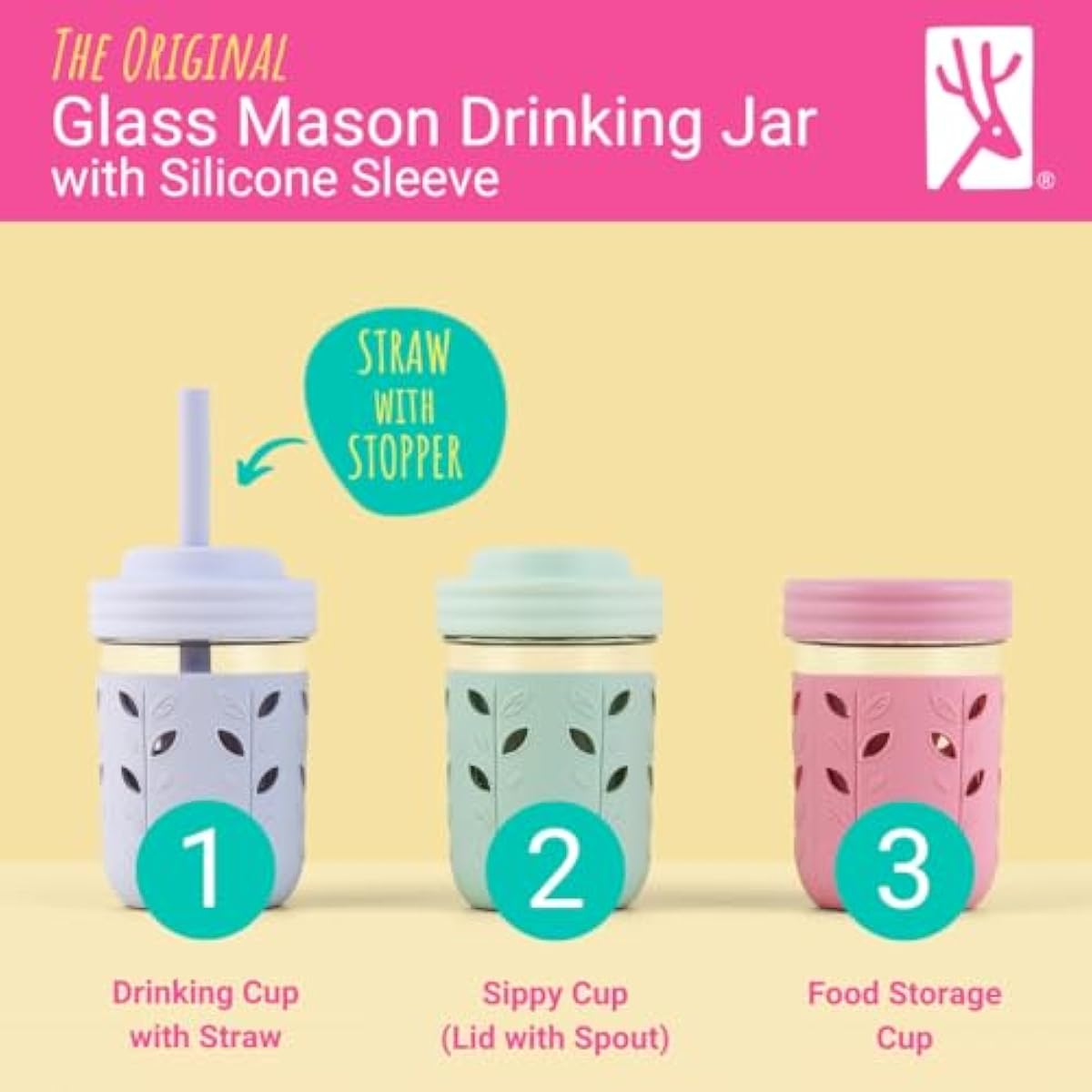 Elk and Friends Kids + Toddler Glass Cups | The Original 8oz Glass Mason Jar with Sleeves + Lids | Silicone Straws + Stopper | Smoothie Cup | Food Storage | Spill Resistant | Dishwasher Safe | 4 Pack