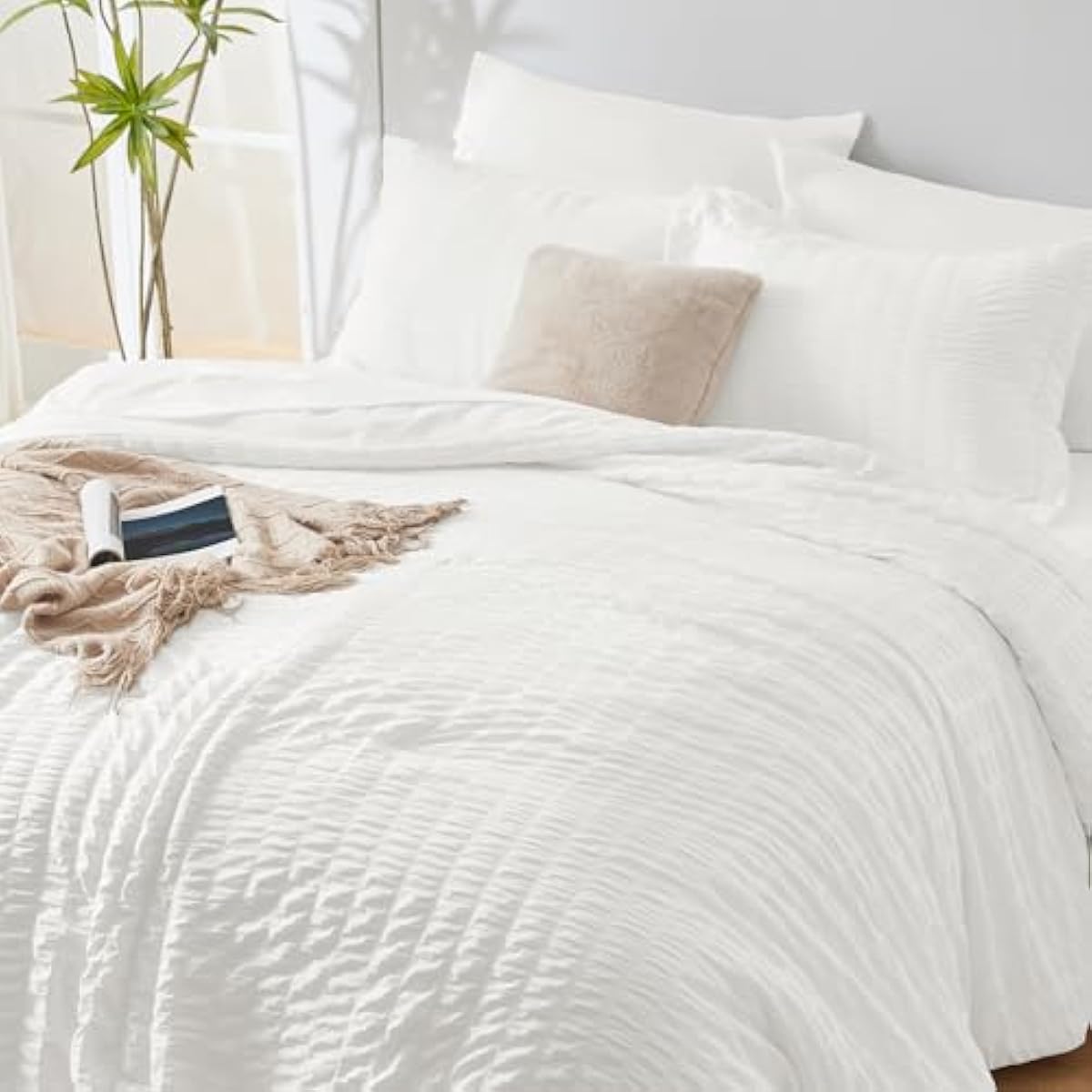 CozyLux Queen Comforter Set White Seersucker 7 Pieces Bed in a Bag Queen Comforter Set with Sheets, Luxury Soft Bedding Set with Down Alternative Comforter, Sheets, Pillowcases & Shams for All Seasons