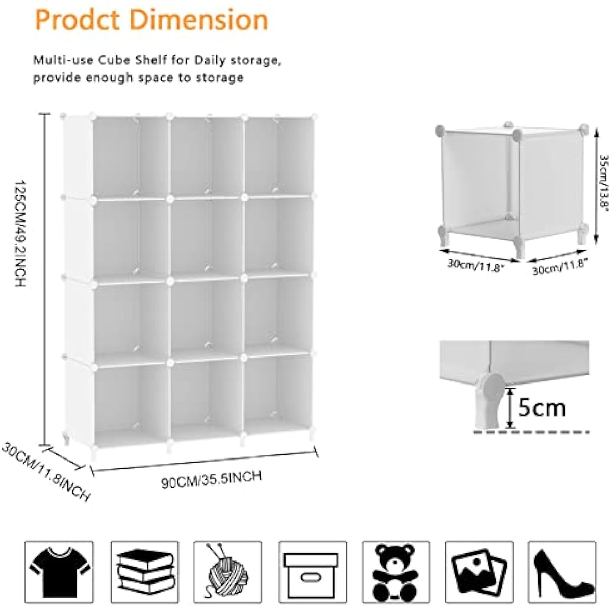 AWTATOS Cube Storage Organizer Storage 12 Cube Bookshelf DIY Plastic Closet Clothes Storage Shelves with Wooden Mallet, Stackable Storage Solution for Home, Bedroom, White