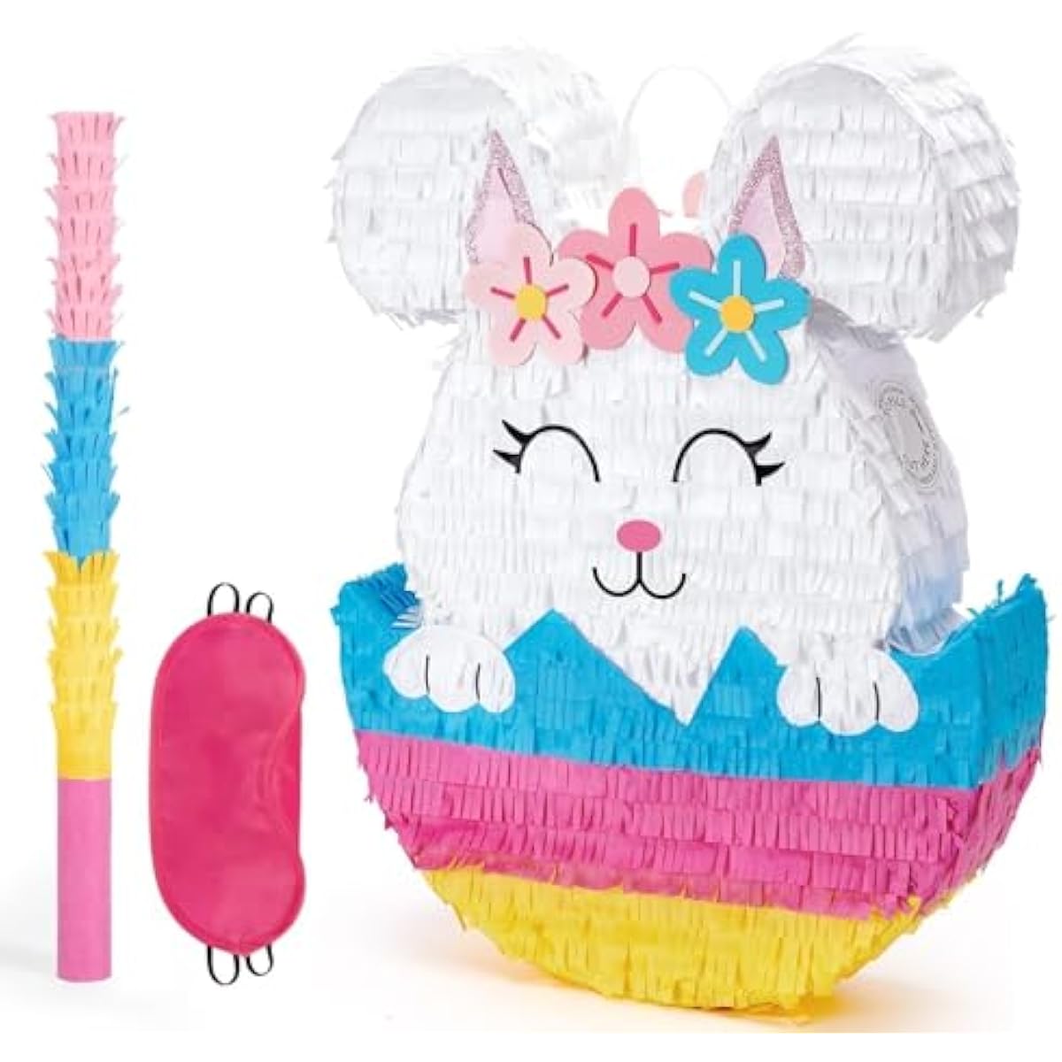 WERNNSAI Easter Bunny Piñata - Easter Rabbit Piñata Spring Pinata with Blindfold and Stick for Birthday Party Decoration Baby Shower School Activities Game Spring Party Game
