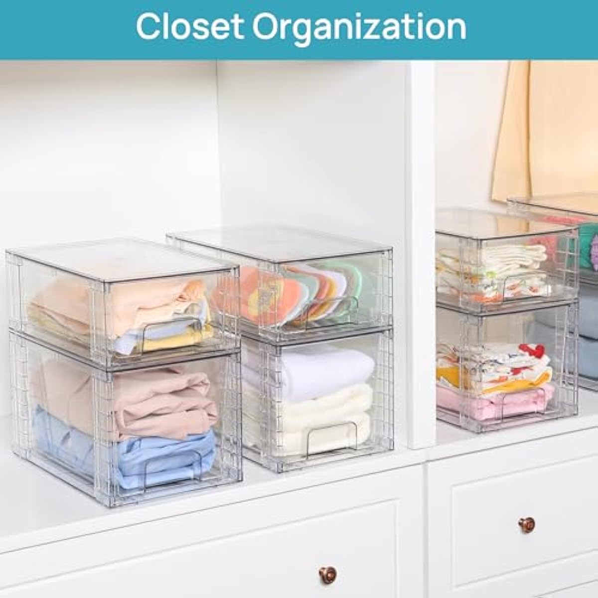 Vtopmart 4 Pack Large Stackable Storage Drawers,Easily Assemble Acrylic Bathroom Closet Undersink Organizers and Storage,Plastic Bins for Kitchen Cabinets,Pantry,Makeup,Medicine Organization