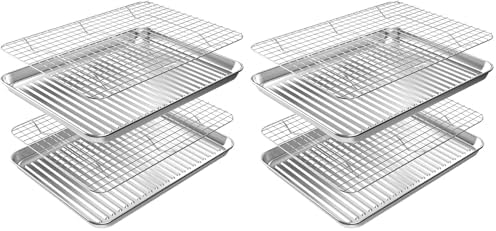 ROTTAY Baking Sheet with Rack Set (2 Pans + 2 Racks), Stainless Steel Cookie Sheet with Cooling Rack, Nonstick Baking Pan, Warp Resistant & Heavy Duty & Rust Free, Size 16 x 12 x 1 Inches