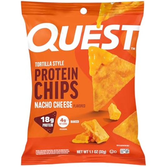 Quest Nutrition Nacho Cheese Tortilla Style Protein Chips, 18g Protein, 4g Net Carb, Low Carb, Gluten Free, 1.1 oz (Pack of 12)