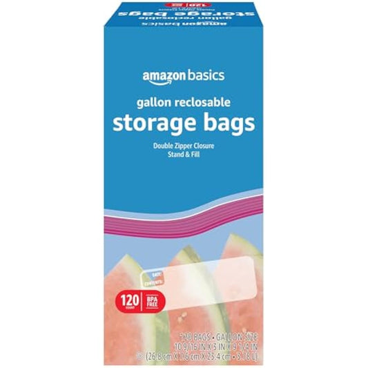 Amazon Basics Reclosable Gallon Food Storage Bags with Double Zipper Seal, Stand and Fill Base, BPA Free, 120 Count