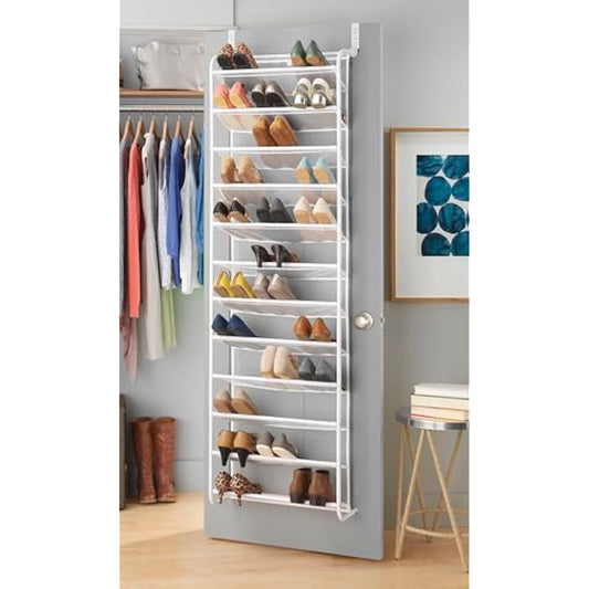 Whitmor 36 Pair Over The Door Shoe Organizer, 12 Tier Hanging Shoe Organizer, Heavy Duty Metal & Mesh Shoe Holder, Hanging Shoe Rack for Closet Organizer & Storage, 69"L x 21.7"W x 7.5"H, White