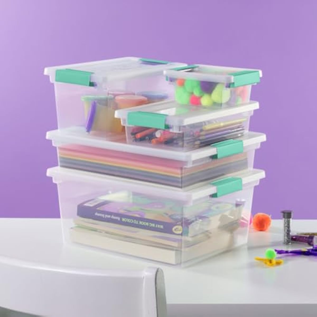 Sterilite 6-Pack Clip Box, Stackable Clear Plastic Bins with Latching Lids, Large - Writing, Arts or Crafts Supplies Storage Containers for Home, Office, Classroom and Workshop Organization