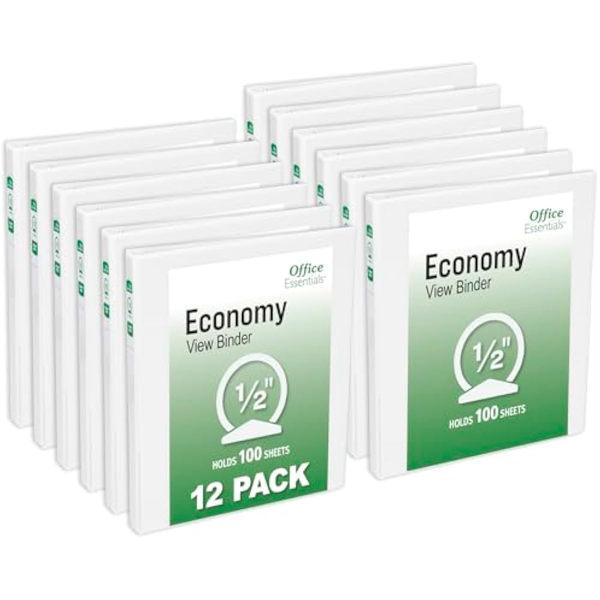 Office Essentials Economy View 3 Ring Binders, 0.5" Round Rings, 0.7" Spine, 100-Sheet Capacity, White Binders (12-Pack of 03422)