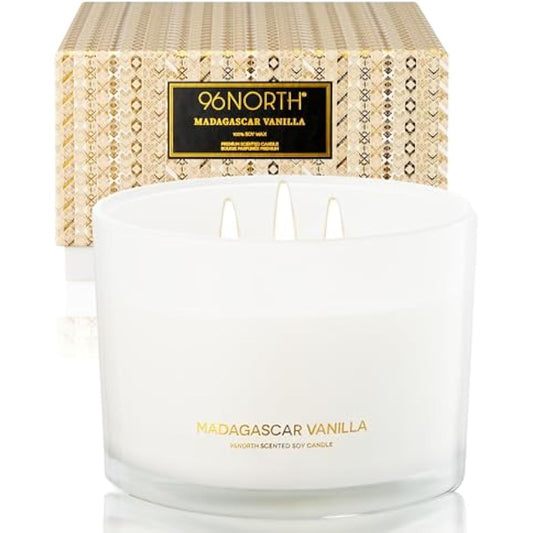96NORTH Luxury Vanilla Soy Candles | Large 3 Wick Jar Candle | Up to 50 Hours Burning Time | 100% Natural Soy Wax | Relaxing Aromatherapy Aesthetic Candle | Housewarming Gift for Men and Women