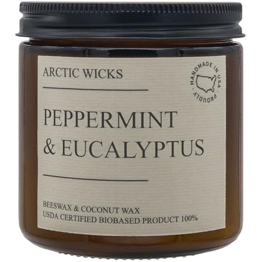 Peppermint & Eucalyptus Candle | Arctic Wicks Non Toxic Coconut Beeswax Candles | Natural Coconut Beeswax 16oz Amber Jar | Spa Wellness Candles Wax Non-Toxic Clean Burn 100% USDA Certified Biobased