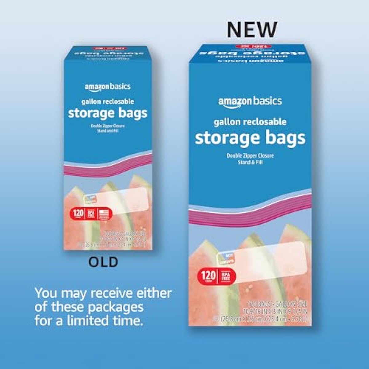 Amazon Basics Reclosable Gallon Food Storage Bags with Double Zipper Seal, Stand and Fill Base, BPA Free, 120 Count