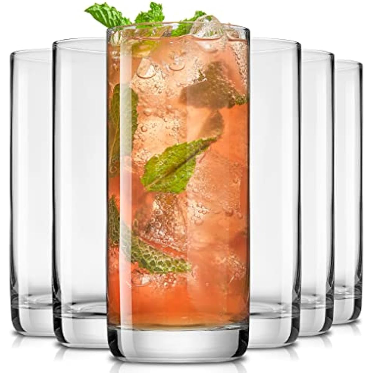 JoyJolt Faye 13oz Highball Glasses, 6pc Tall Glass Sets. Lead-Free Crystal Drinking Glasses. Water Glasses, Mojito Glass Cups, Tom Collins Bar Glassware, and Mixed Drink Cocktail Glass Set