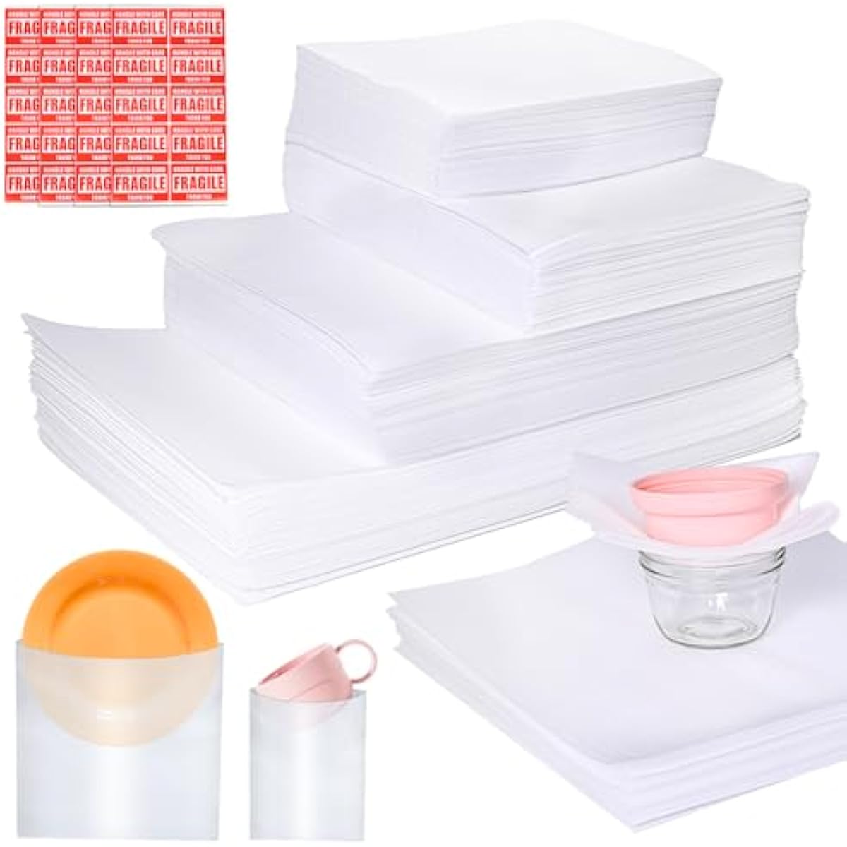 540Pcs Dish Packing Supplies for Moving, 270 Cushion Foam Wrap Pouches & Sheets 4 Sizes (16x12", 12x12", 12x7.8", 7.8x7.8") with 270 Fragile Stickers Plate Packing Sleeves for Fragile Shipping Storage