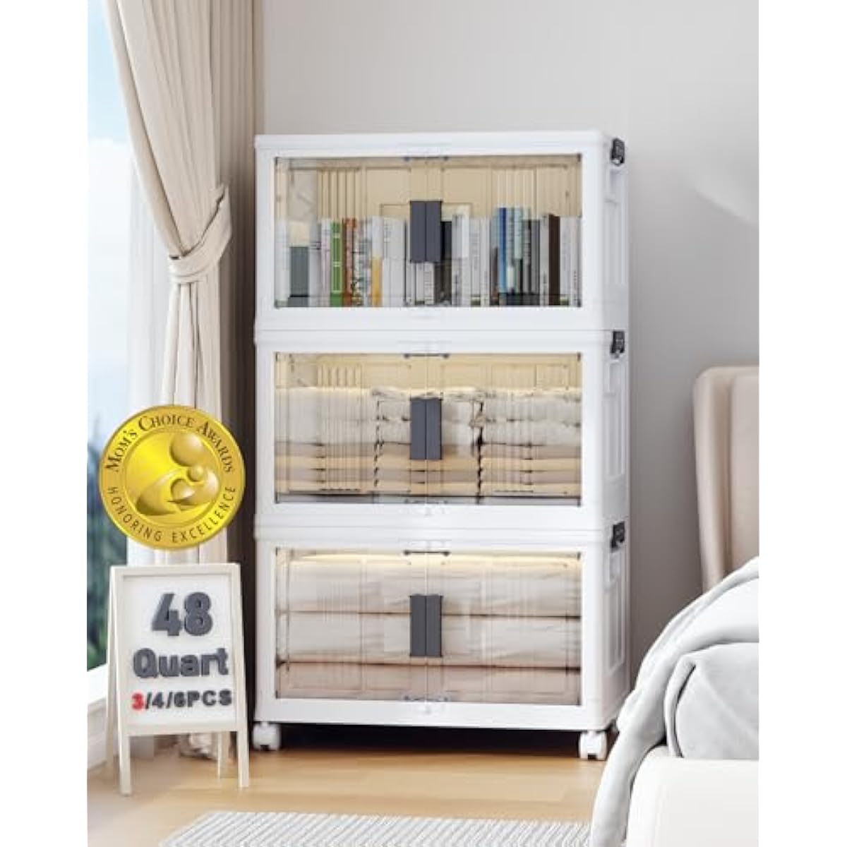 OlarHike 144QT Lockable Storage Bins with Lids - Folding Storage Cabinet with Doors and Wheels, Collapsible Plastic Box for Closets, Office, Stackable Organizer and Containers, Gifts, 3 Pack Cubes