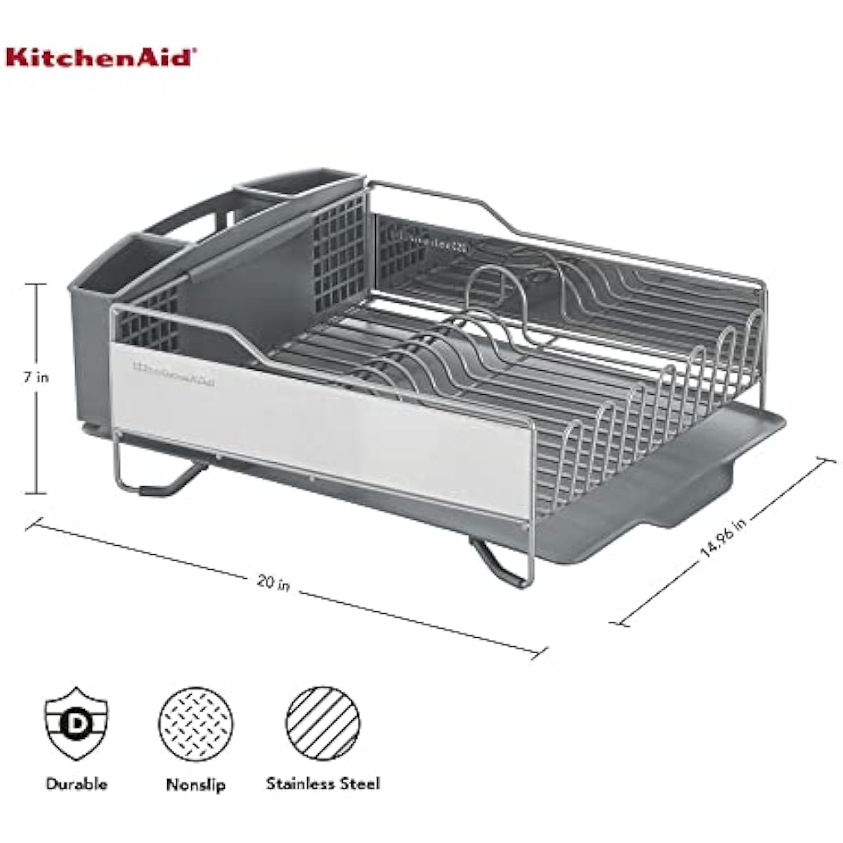 KitchenAid Large Capacity Full Size Rust Resistant Dish Rack with Angled Drain Board and Removable Flatware Caddy, Light Grey