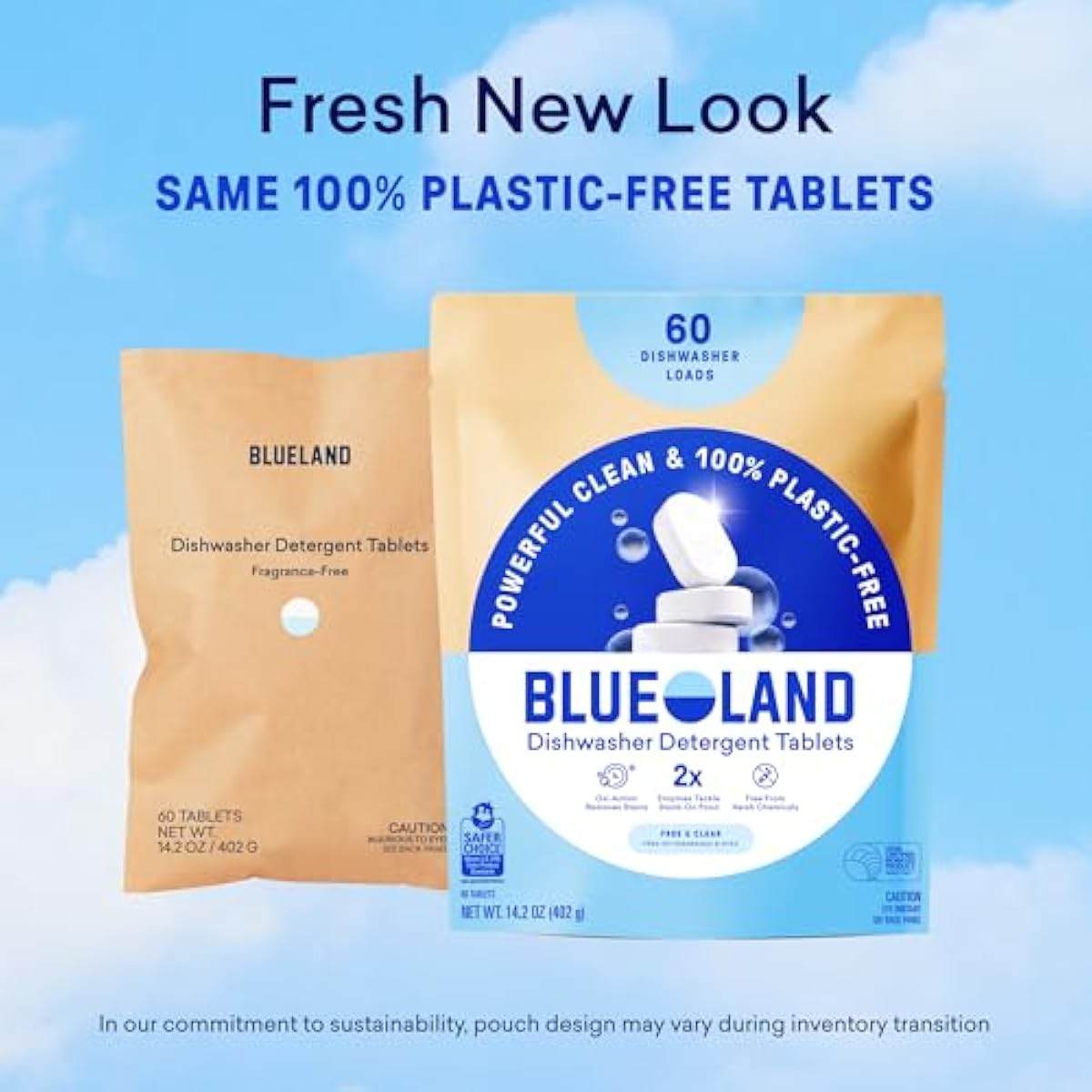 BLUELAND 100% Plastic-Free Dishwasher Detergent Tablets, 60 Count, Free & Clear, Eco-Friendly Dishwashing Pods, Natural, USDA Certified biobased