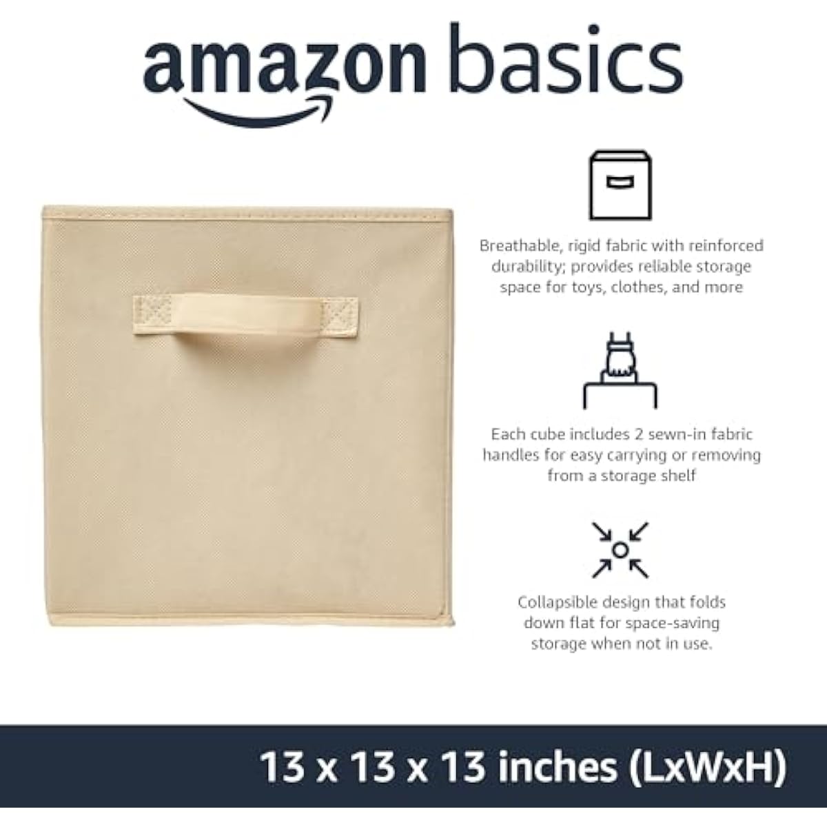 Amazon Basics Collapsible Fabric Storage Cube Bins Organizer with Handles, Sturdy, Beige, 13-x-13-x-13-inch, Pack of 6